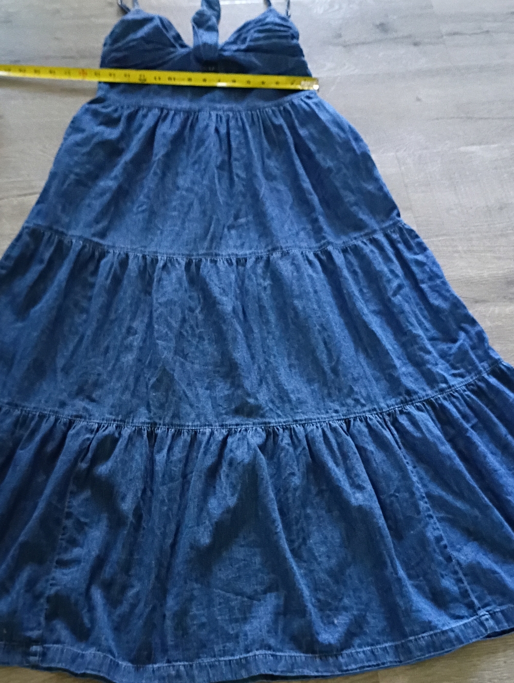 GAP- Tie-Front Spaghetti Strap Tiered Maxi Dress Dark Blue Soft Denim Sz Med/Pet - Picture 7 of 11